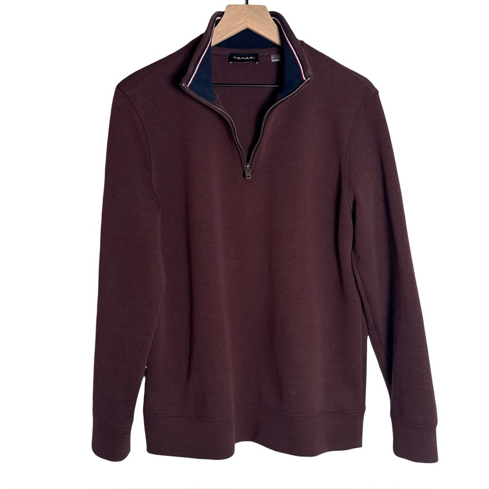 Tahari Mens Quarter‎ Zip Pullover Sweater Maroon Rib Collar Medium